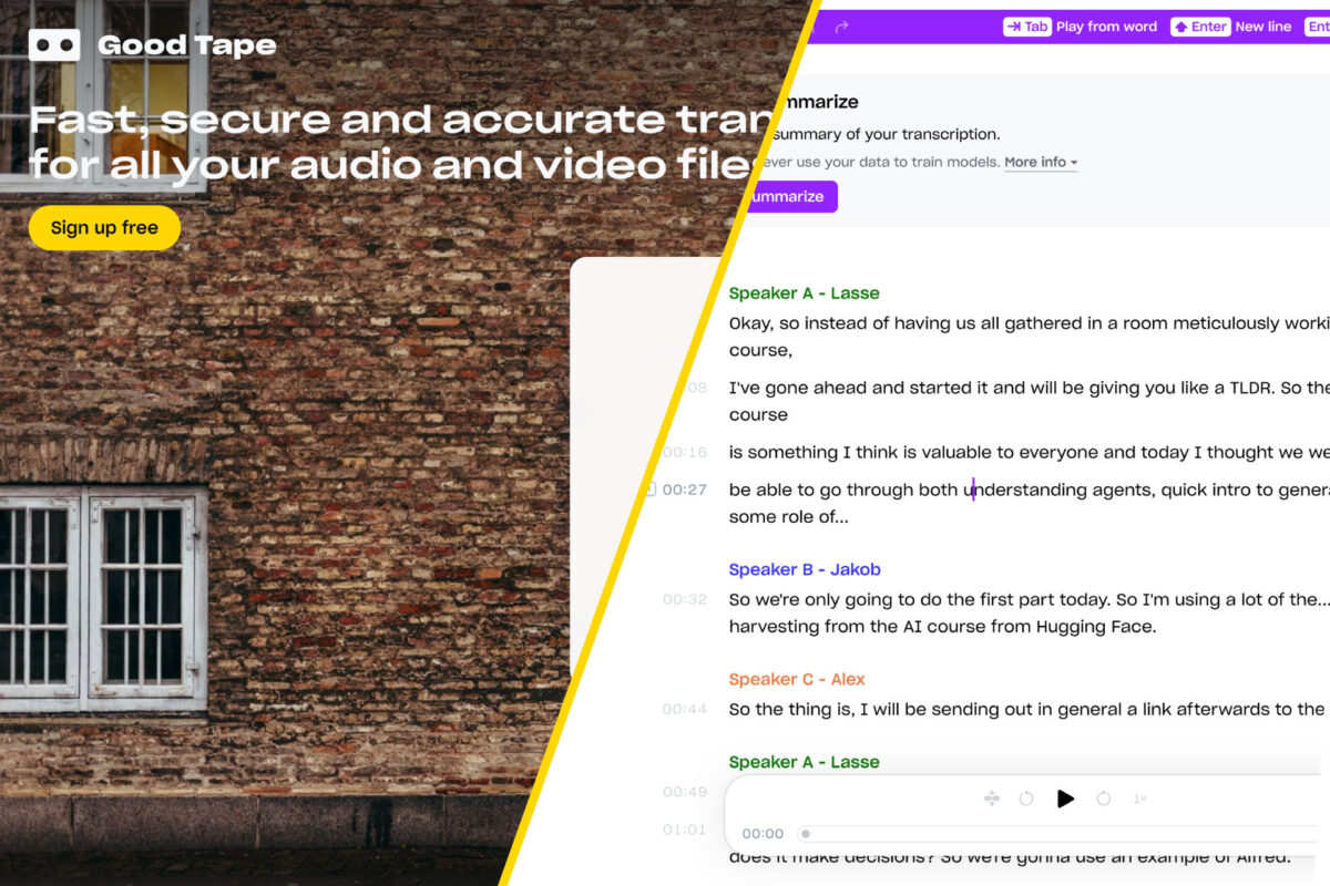 Two screenshots of https://goodtape.io/. One shows the website's homepage and the other shows what a transcription looks like on the platform.
