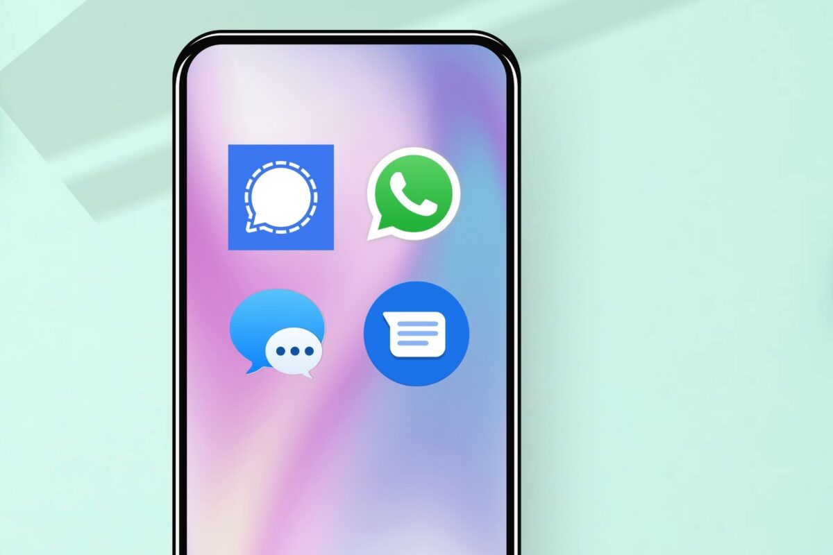 An illustration of a phone with Signal, WhatsApp, Apple Messages and Google Messages apps placed on the screen.
