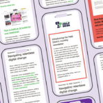 Help Desk Monthly, issue No. 1. Illustrated smartphone screens display screenshots from News Media Help Desk's monthly newsletter.