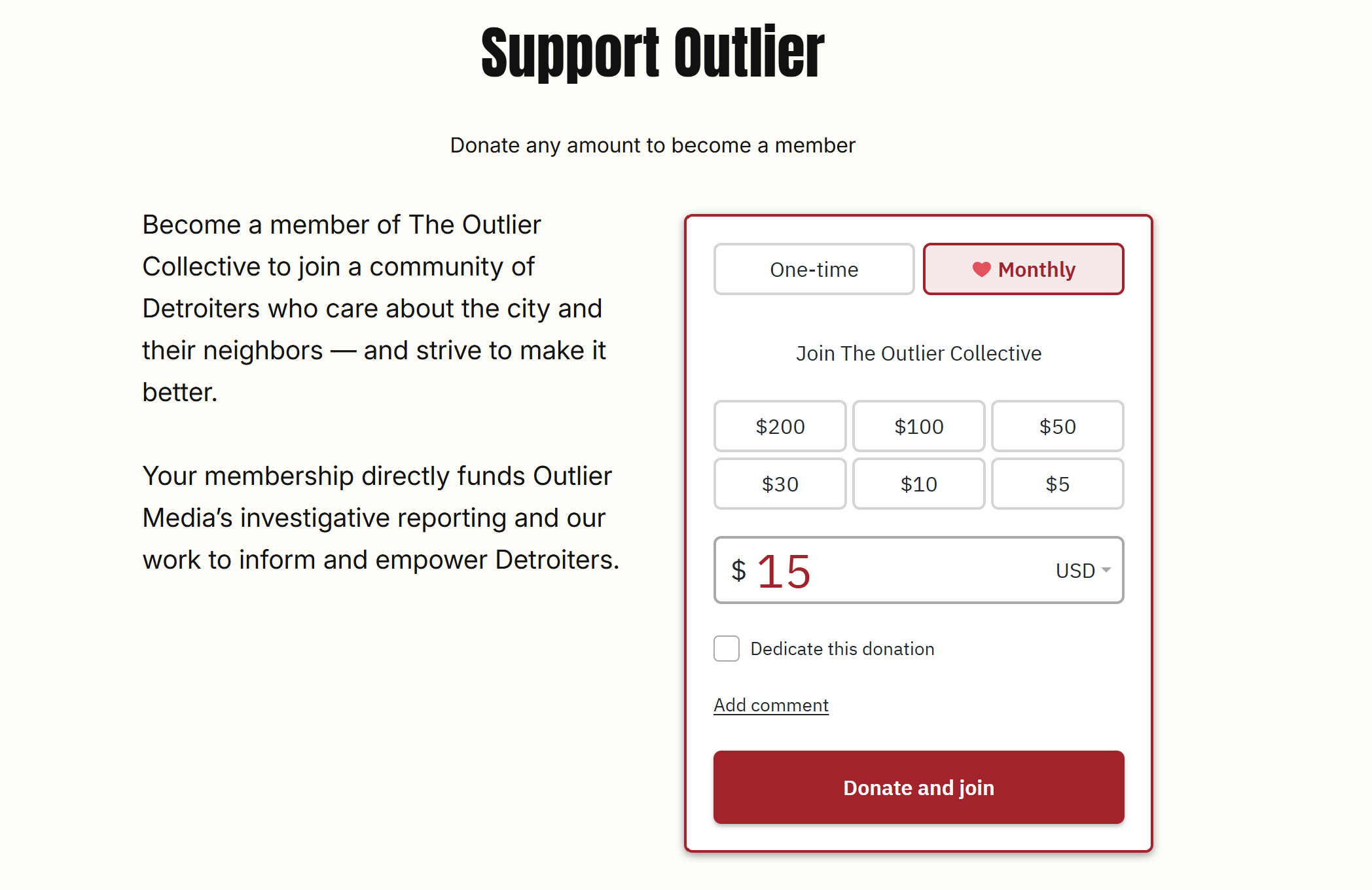 Outlier Media's online donation page