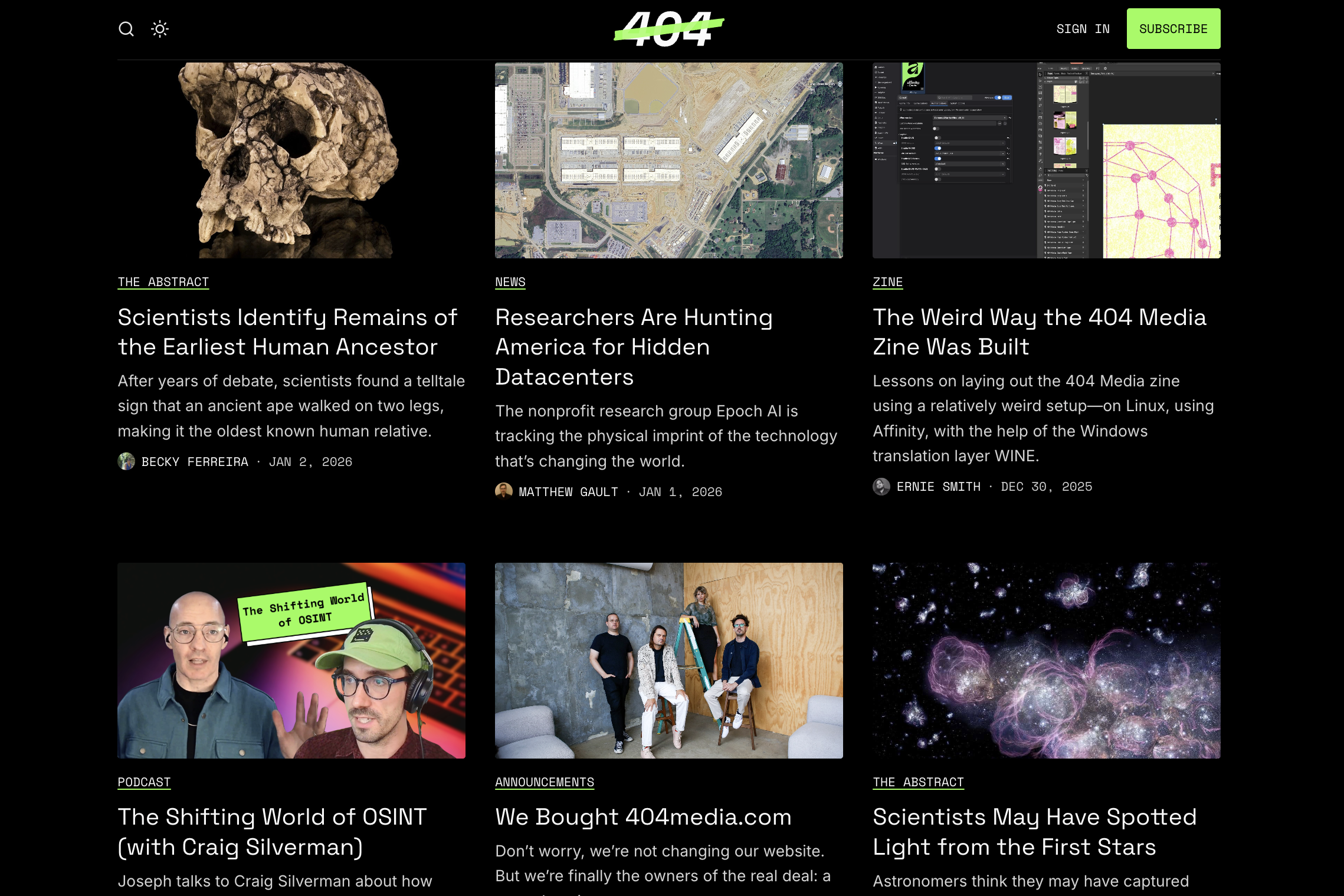 A section of 404 Media's homepage showing multiple recent articles.