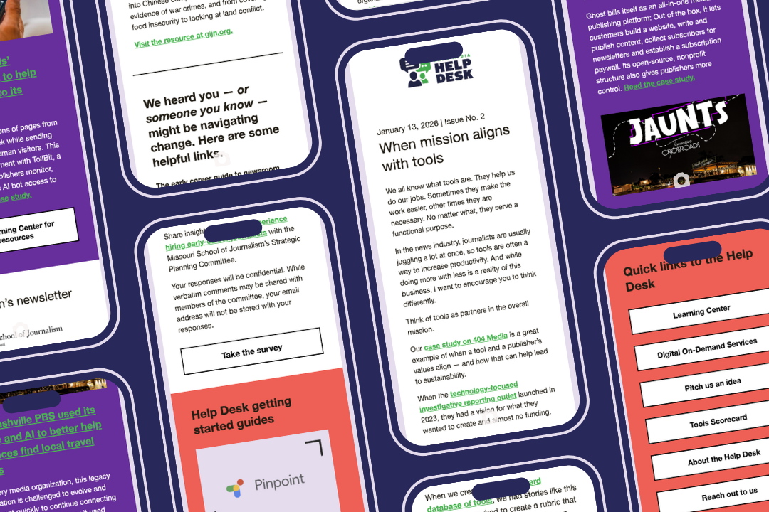 Help Desk Monthly, issue No. 2. Illustrated smartphone screens display screenshots from News Media Help Desk's monthly newsletter.