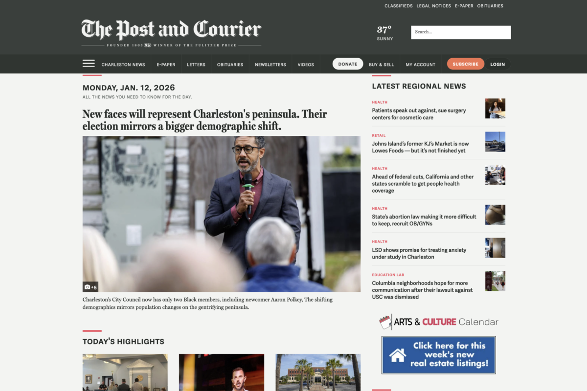 The Post and Courier's homepage on Monday, Jan. 12, 2026.