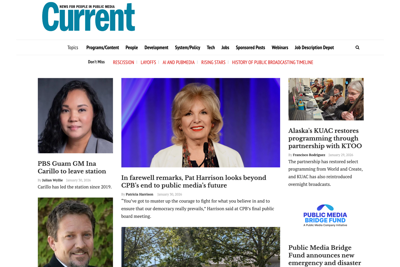 Current.org's homepage shows coverages of public media outlets in the U.S.
