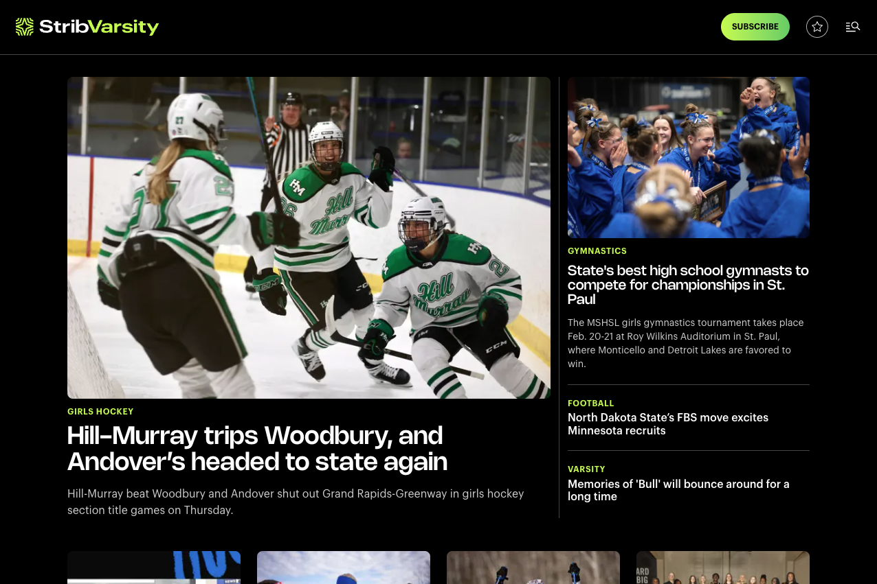 The homepage of Strib Varsity.