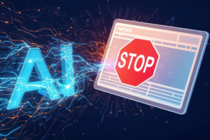 The letters "AI" are trying to connect to a news website, but there's a stop sign in the way.