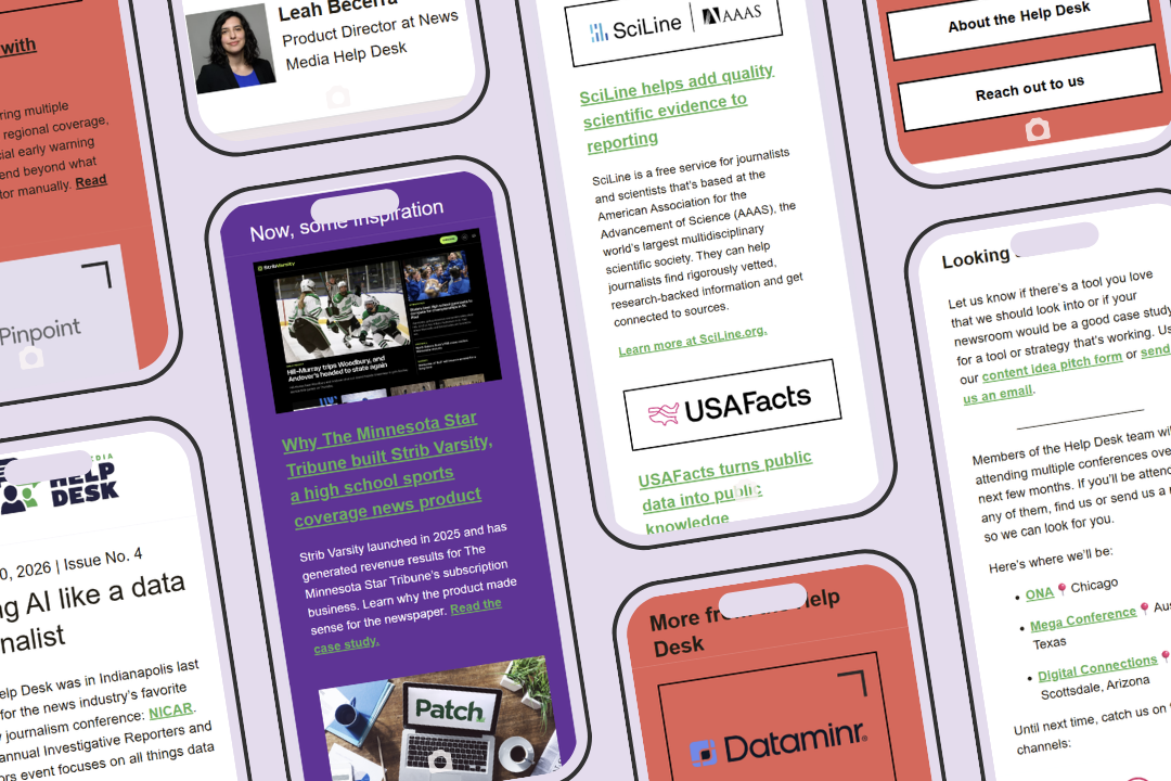 A graphic including a number of mobile phones with screens displaying the Help Desk Monthly March newsletter.