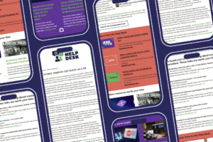 A graphic with a dark blue background displays images on cell phones with the newsletter open.