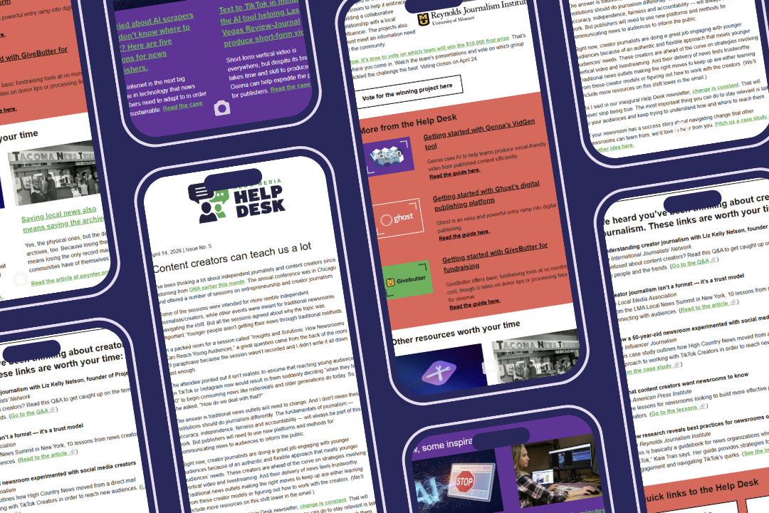 A graphic with a dark blue background displays images on cell phones with the newsletter open.