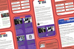 A graphic displays a series of phone screens with the Newsletter open