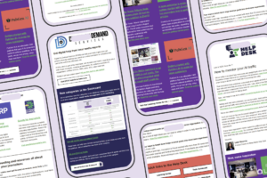 Illustrated phone screens displaying screenshots from the June newsletter.